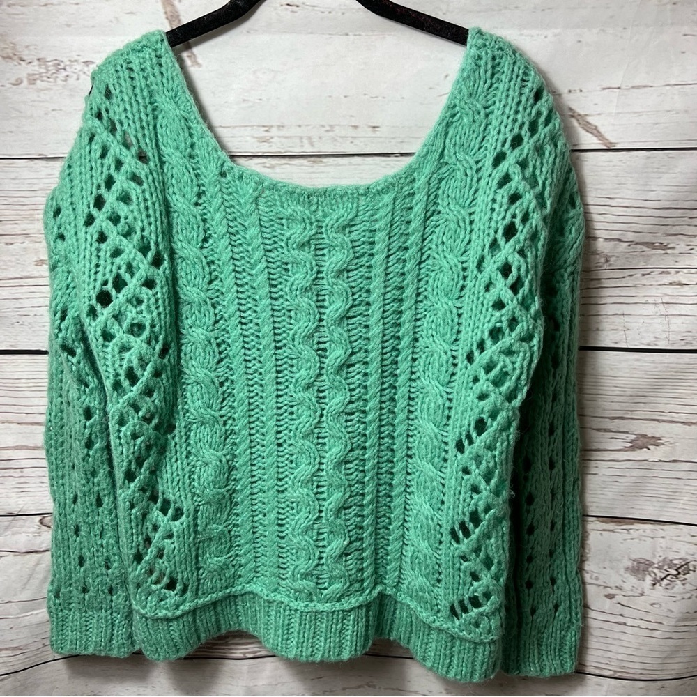 Free People Mint Green Chunky Open Cable Knit Sweater - Picture 6 of 8